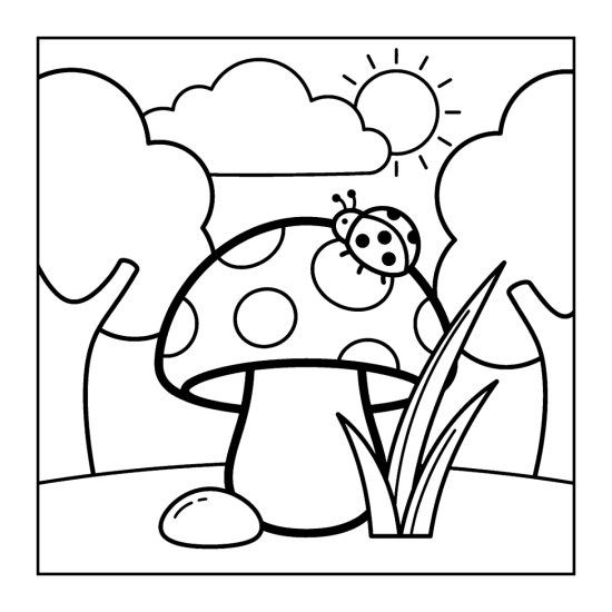 A round mushroom with a ladybug on its spotted cap beside grass and a pebble, coloring sheet