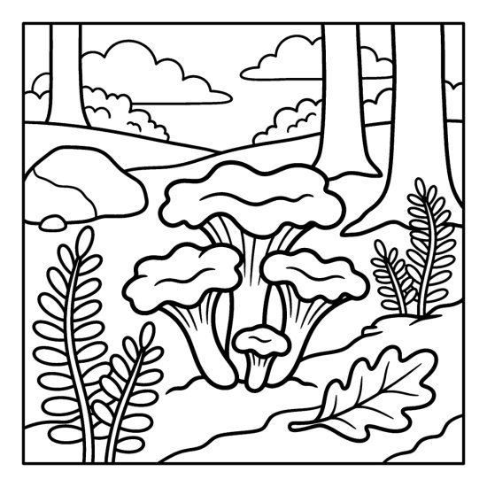 A cluster of wavy chanterelle mushrooms with ruffled caps grows among ferns and a leaf, bold and easy