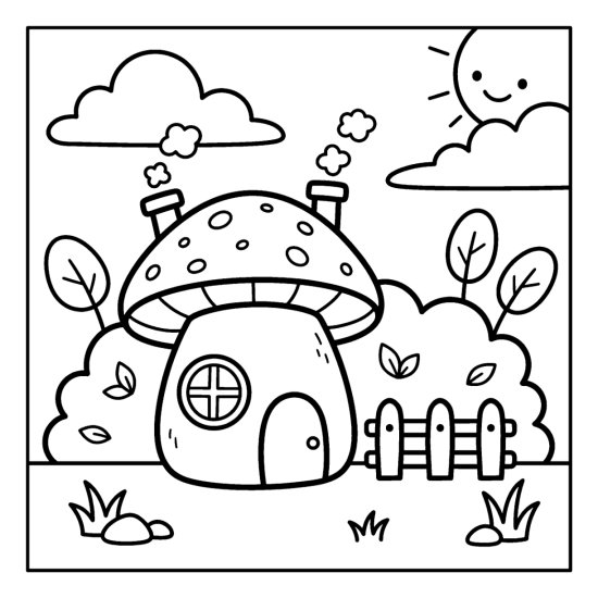 A mushroom cottage with a round window and two chimneys sits by a fence and bushes, coloring page