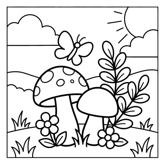 Two round mushrooms with a butterfly above them beside flowers and a leafy stem, bold and easy