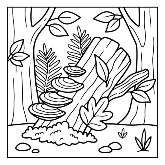 A stack of shelf bracket fungi grows up a fallen log among leaves and moss, coloring sheet