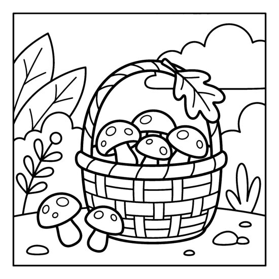 A woven basket holds round mushrooms with a leaf in the handle and loose mushrooms beside it, bold and easy