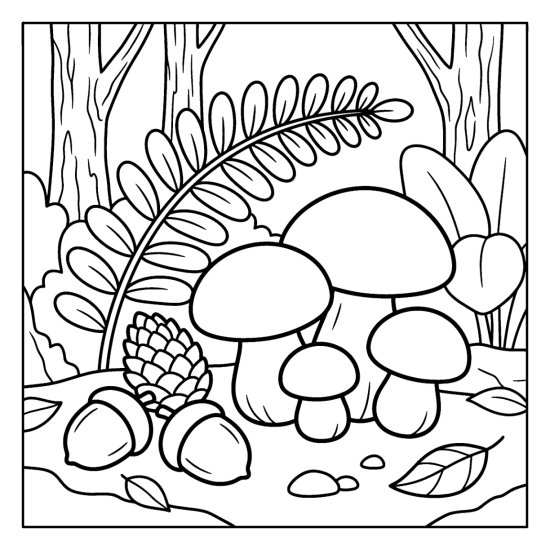 Round mushrooms sit beside two acorns and a pinecone under an arching fern, coloring page