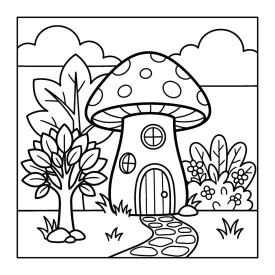 A tall mushroom house with round windows and an arched door beside a stone path, bold and easy