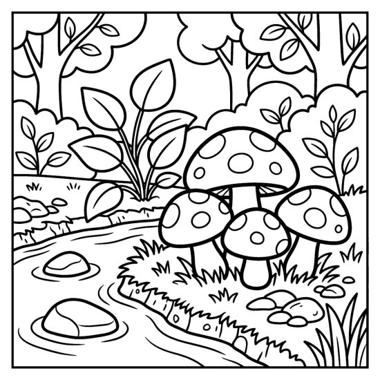 A cluster of mushrooms grows beside a gentle pebbly stream with a leafy plant, bold and easy