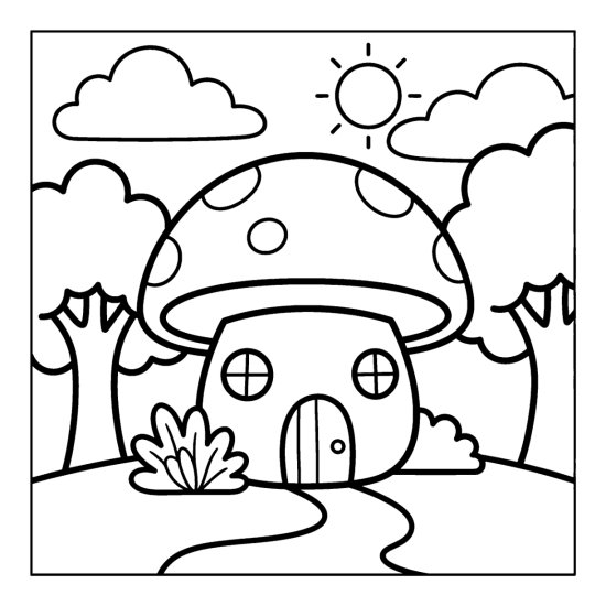 A round mushroom house with an arched door and two windows sits by a curved path, bold and easy