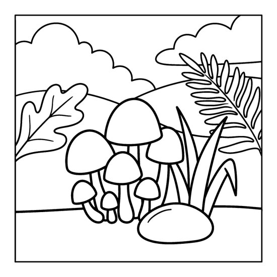 A group of small bell shaped mushrooms stands close together by grass and a pebble, coloring sheet
