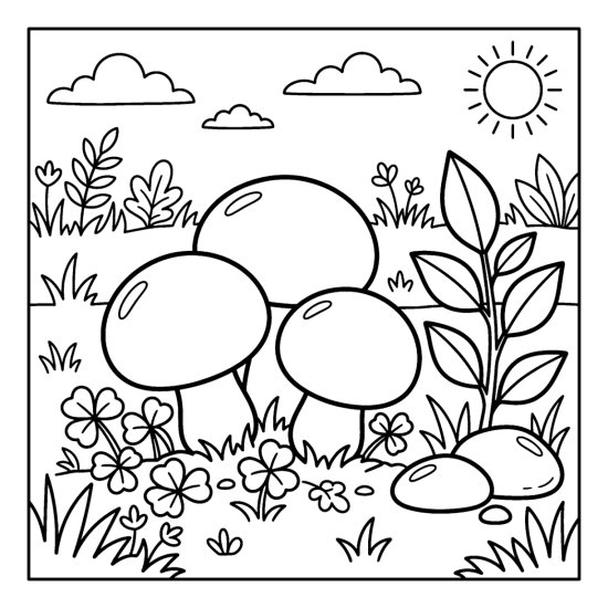 Three round smooth puffball mushrooms grow in a patch of clover with pebbles, bold and easy