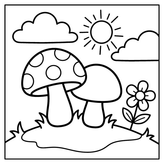 Two round mushrooms stand on a small grassy hill with a flower, sun and clouds, coloring page