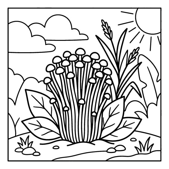 A bundle of thin tall enoki mushrooms with tiny caps grows together by leaves, bold and easy
