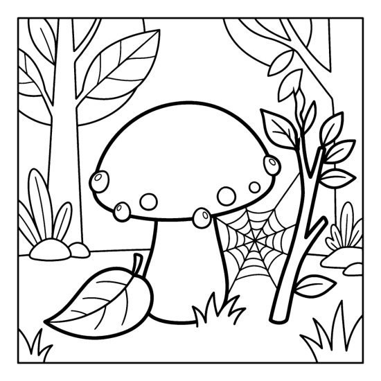 A round mushroom with dewdrops and a delicate web strung to a twig beside a leaf, bold and easy
