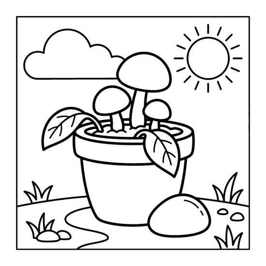 A clay flower pot holds round mushrooms with leaves over the rim and a pebble, coloring sheet