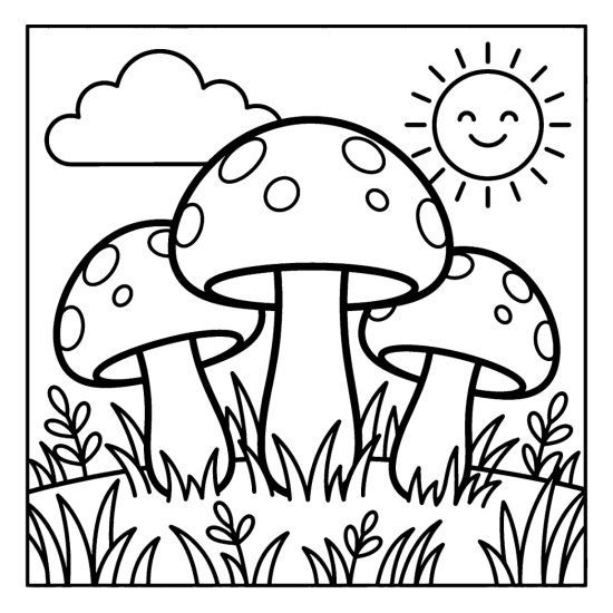 Three round mushrooms stand in a patch of tall grass under a sun and one cloud, bold and easy