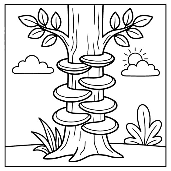A row of shelf fungi climbs a standing tree trunk with leafy branches and grass, coloring page