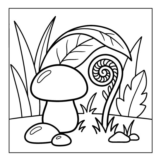 A round mushroom beside a tightly curled young fern frond with pebbles and a leaf, bold and easy
