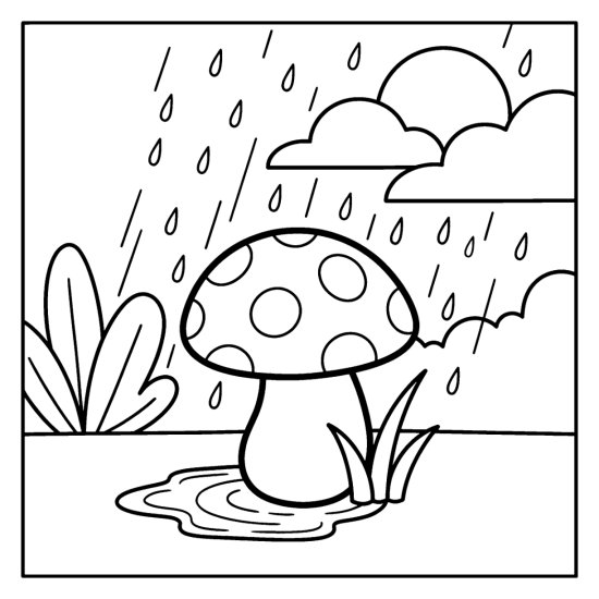 A round mushroom in a light shower with droplets and a puddle below beside a bush, bold and easy