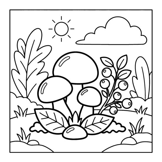 A cluster of round mushrooms beside a branch of round berries with leaves, coloring sheet