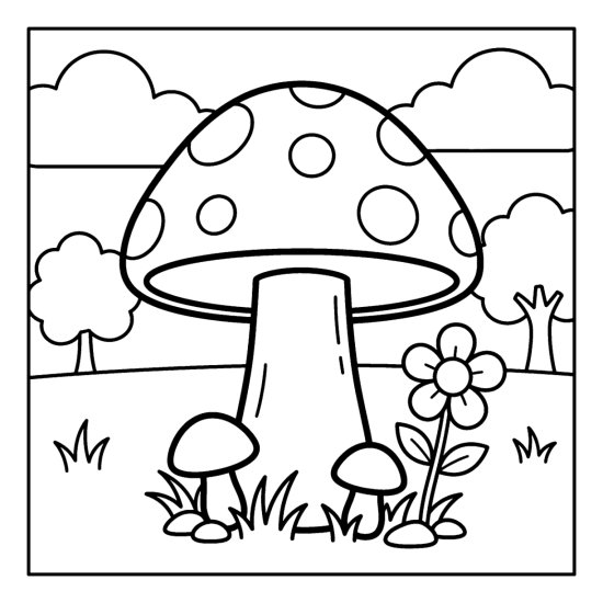 A single large spotted toadstool stands tall in grass with small mushrooms and a flower, bold and easy