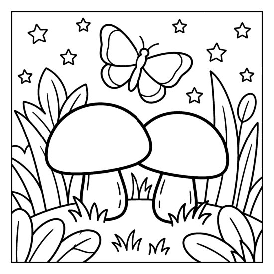Two round mushrooms at night with a moth above and simple stars in the sky, coloring page