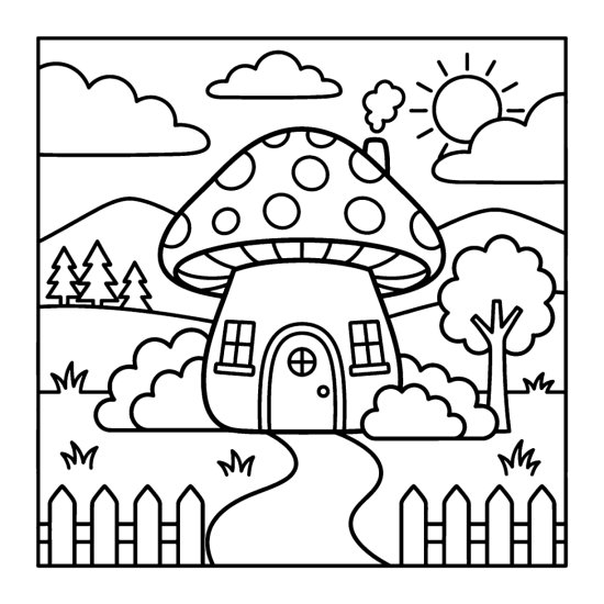 A cozy mushroom house with an arched door, a low fence and a winding path among bushes, bold and easy
