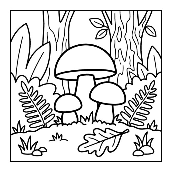 A large cluster of mushrooms in three sizes grows on the forest floor among ferns, coloring sheet