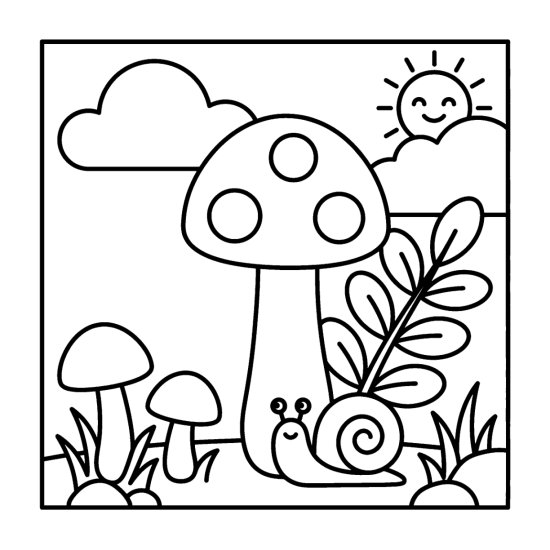 A tall mushroom with a little snail at its base beside small mushrooms and a leafy plant, bold and easy