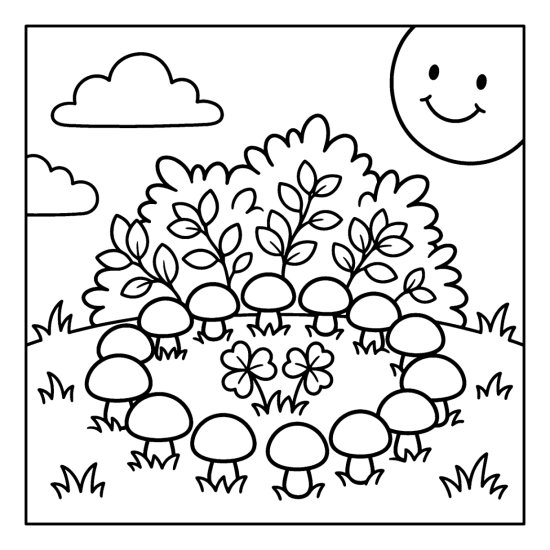 A circle of small round mushrooms on the grass with clovers and a leafy bush, bold and easy