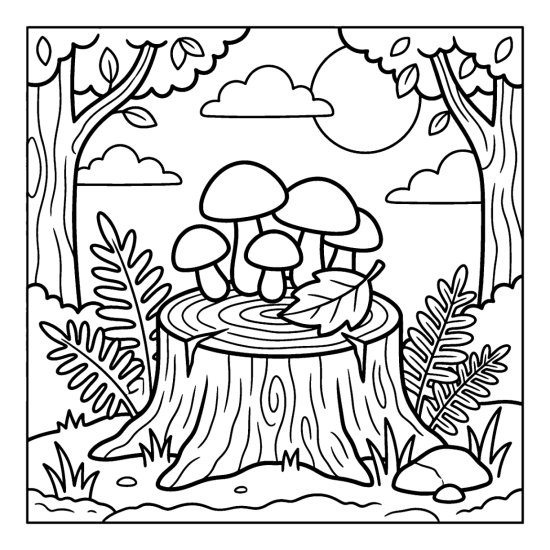 A group of mushrooms grows on top of a round tree stump among ferns and a leaf, coloring page