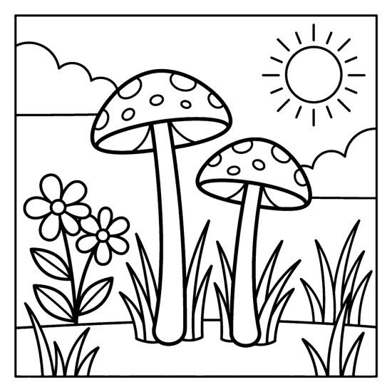 Two tall thin parasol mushrooms stand in tall grass beside a flower and a sun, bold and easy
