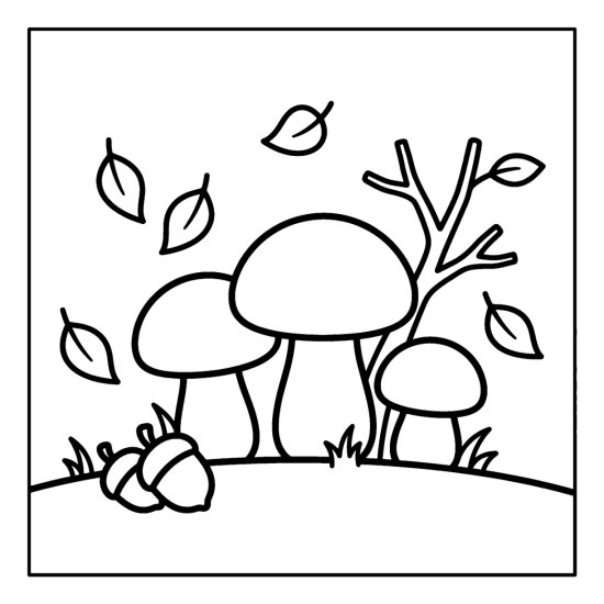Three round mushrooms sit among falling leaves with acorns and a bare twig, bold and easy