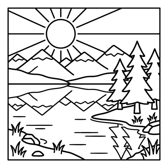 Snow capped mountains mirrored in a calm lake with pine trees and a bright sun coloring page