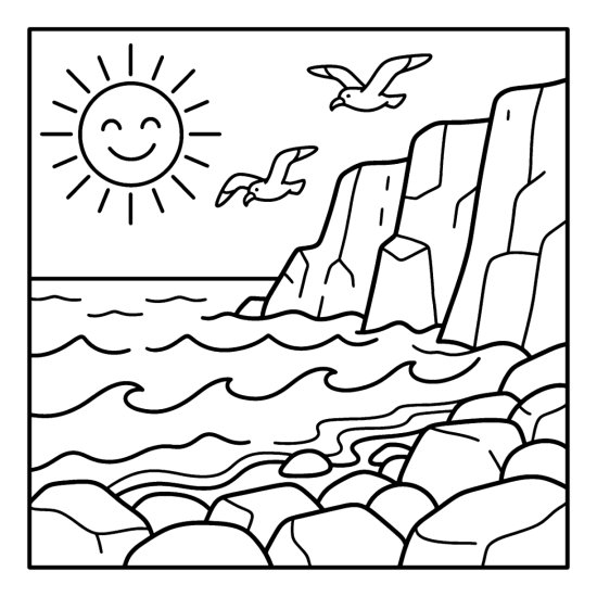 Rounded waves rolling toward tall cliffs with seagulls and a sun overhead, bold and easy