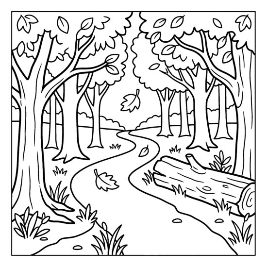 A woodland trail in fall with drifting leaves and a fallen log to one side coloring sheet