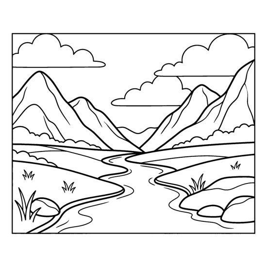 A river winding through a wide valley between tall mountains under soft clouds coloring page