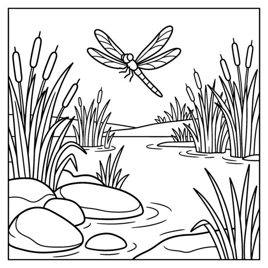 Tall reeds rising from still water with rounded stones and a dragonfly above coloring sheet