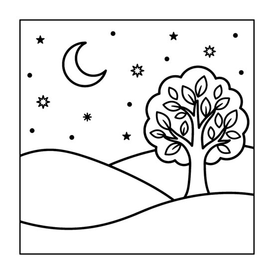A crescent moon and scattered stars above gentle slopes with a single tree coloring page