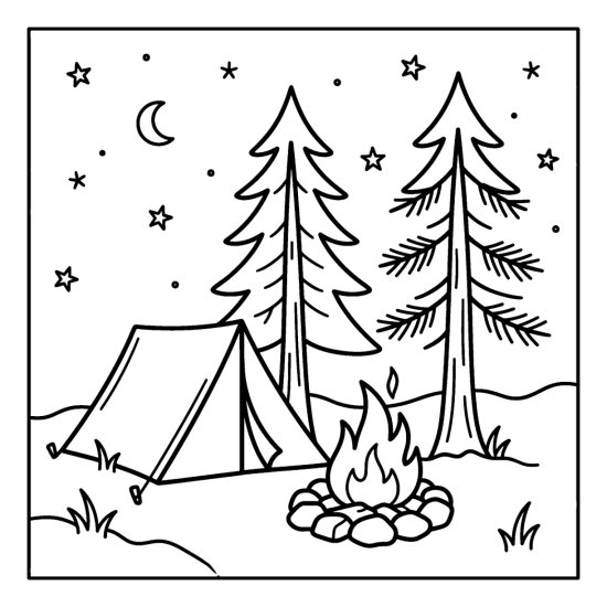 A campfire and small tent among tall pines beneath a starry sky and crescent moon, bold and easy