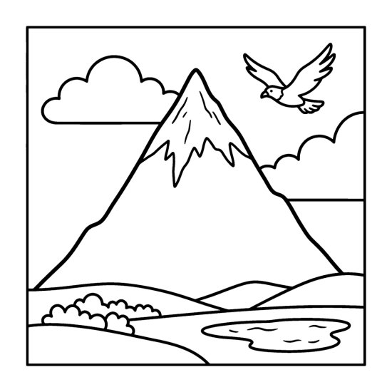 A tall snow topped peak with clouds and a soaring bird above rolling hills coloring sheet