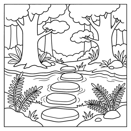 Flat stepping stones crossing a forest stream lined with ferns and trees coloring page