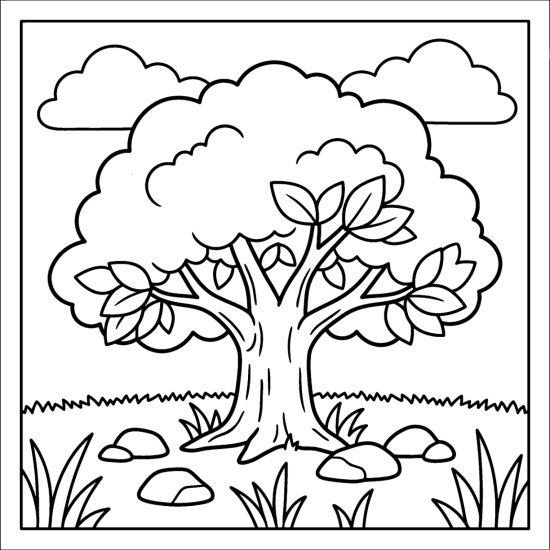 A large lone oak with a broad canopy in a grassy field with rocks and clouds coloring sheet