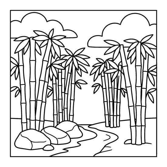 Tall bamboo stalks with leafy tops above rounded rocks and a narrow path, bold and easy