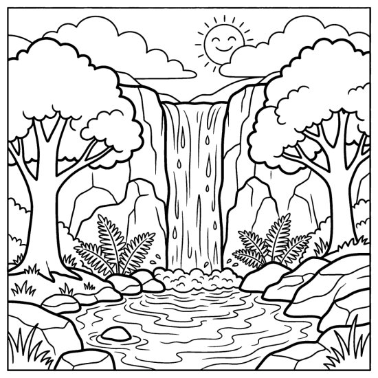 A tall waterfall tumbling into a pool with ferns and trees on each side coloring sheet