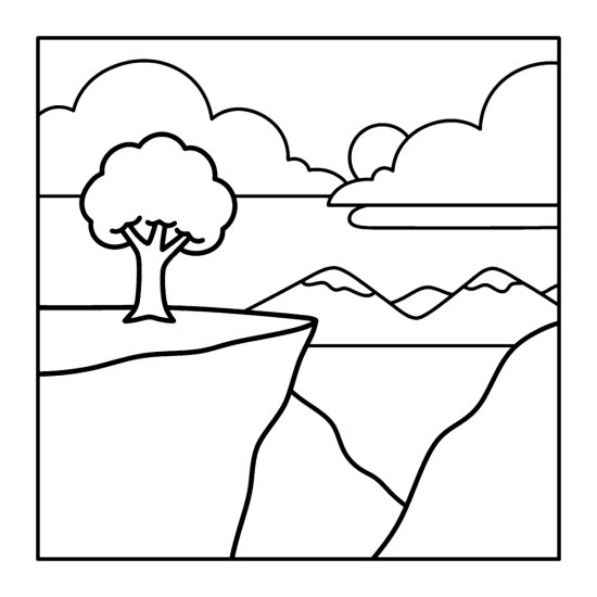 A cliff ledge with a small tree overlooking a deep valley and distant mountains coloring sheet
