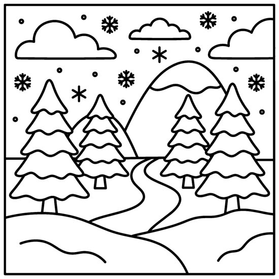 Snow covered pine trees with a winding path and falling snowflakes coloring sheet