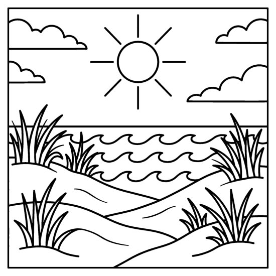Sandy dunes topped with beach grass leading to gentle sea waves under a sun, bold and easy