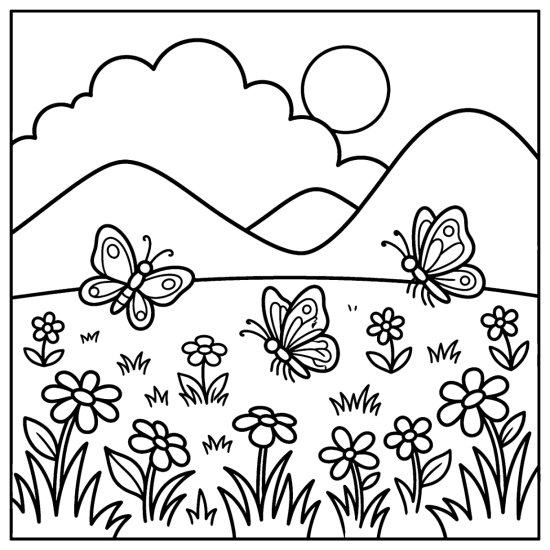 A grassy meadow of wildflowers with three butterflies and rolling hills behind coloring page