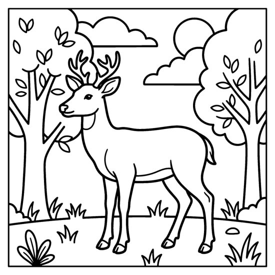 A deer standing among forest trees with grass below and a soft cloud, bold and easy