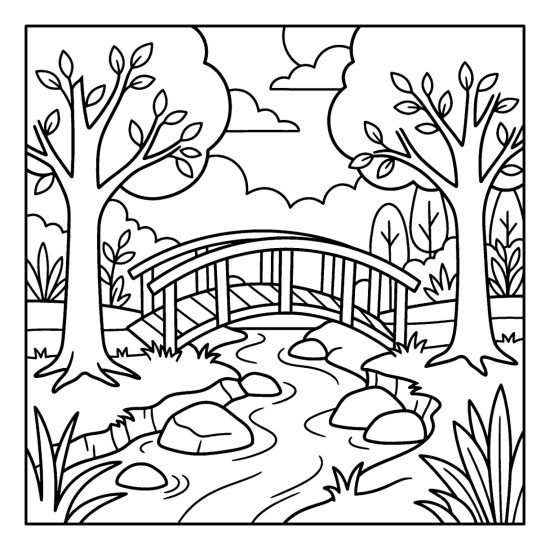 A small wooden footbridge arching over a creek with rocks and leafy trees coloring sheet