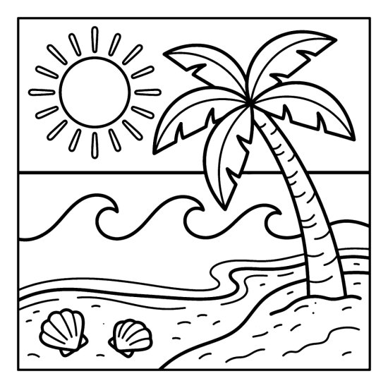 A leaning palm tree on a sandy shore with sea waves, a sun and two shells, bold and easy