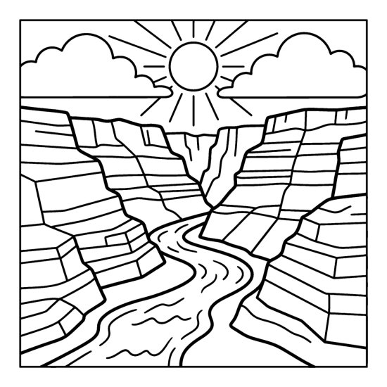 A river winding along the bottom of a deep canyon with layered rock walls coloring sheet